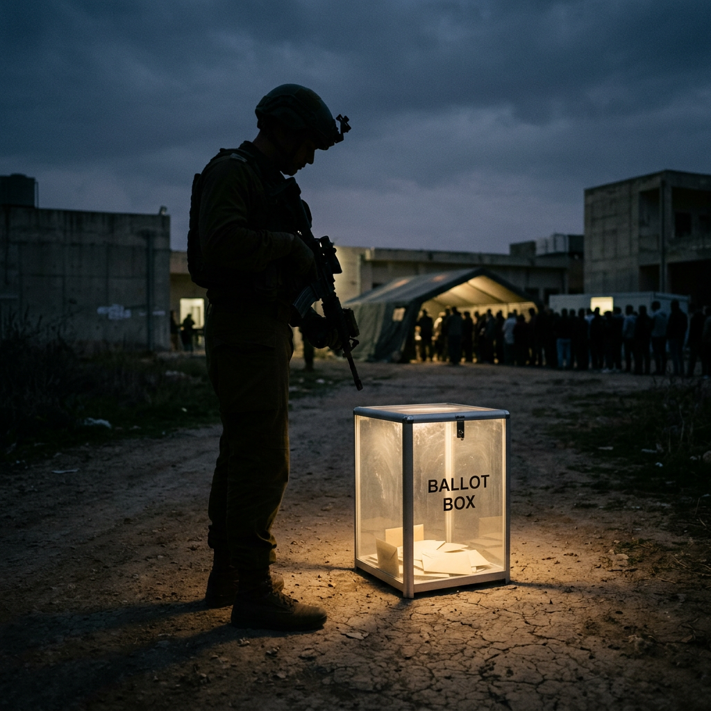 Soldier guarding illuminated ballot box while people queue at nighttime polling station