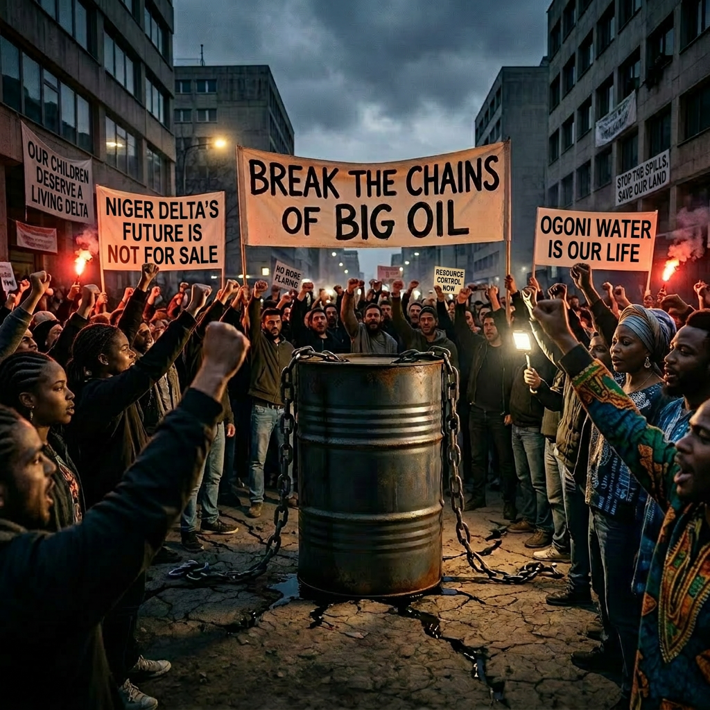 Group of protesters holding signs that say 'Break the chains of big oil,' 'Our future is not for sale,' and 'Clean water, not oil' around a chained oil barrel.