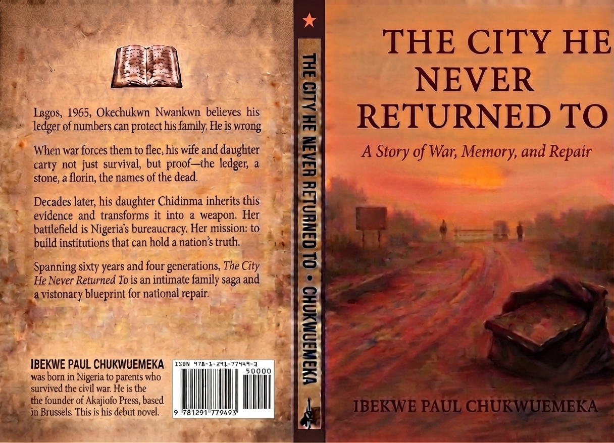Wrap-around book cover for The City He Never Returned To by Ibekwe Paul Chukwuemeka. The front cover features a warm, reddish-orange sunset over a dusty road landscape with a mysterious bag on the ground. The spine bears the title and author name against a dark brown backdrop, and the back cover has a distressed parchment texture featuring a book icon, author bio, and a blank barcode space in the bottom-right corner.