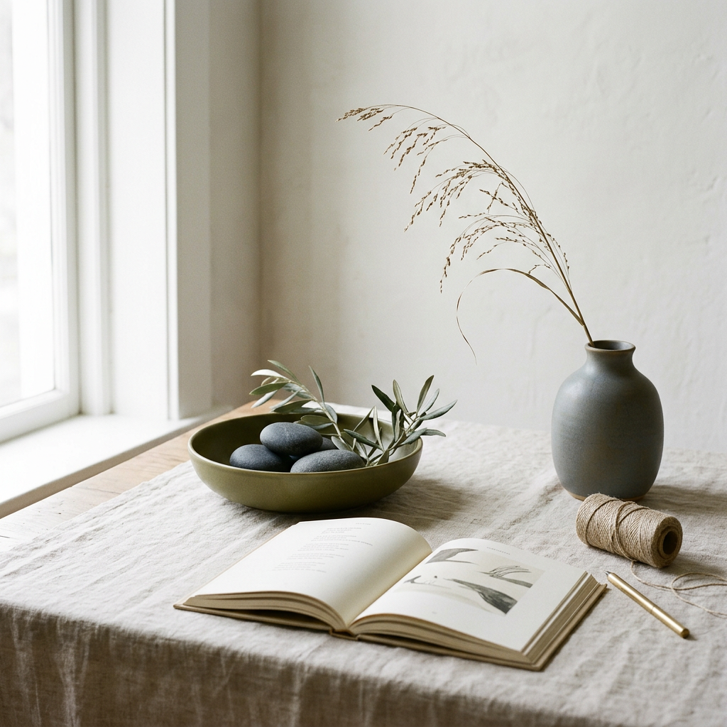 Open art book beside stones, olive branches, dried grasses, and a ceramic vase