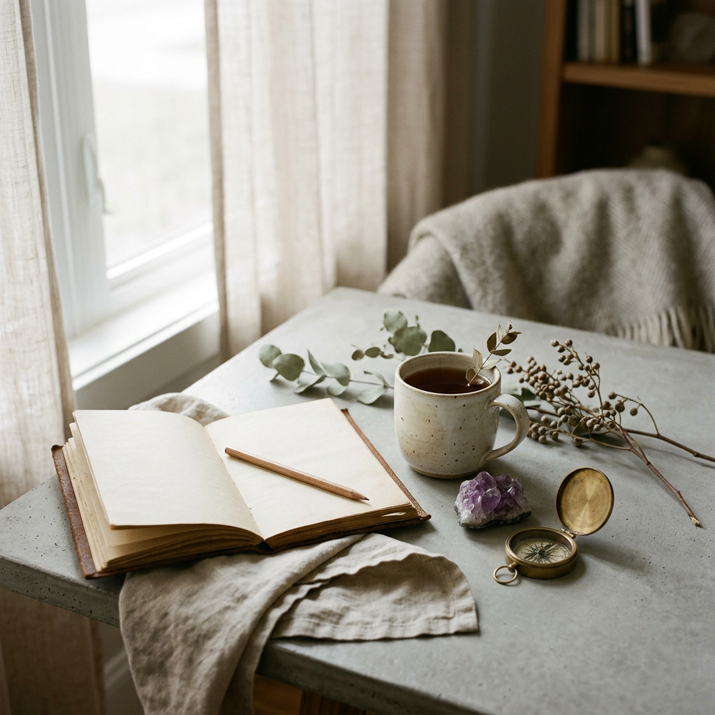 Open journal, tea mug, pencil, dried foliage, crystal, and compass on a table